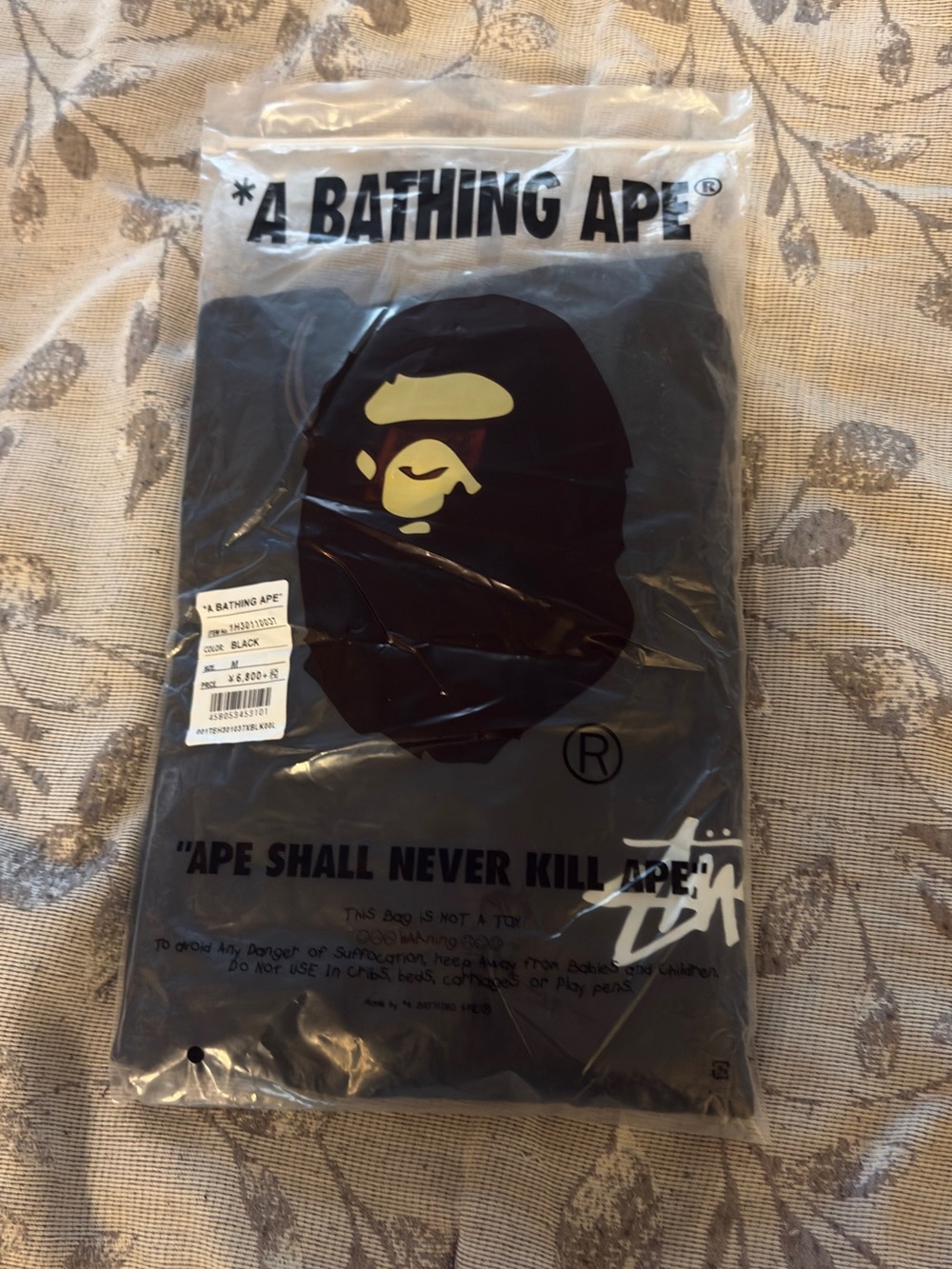 Stussy X Bape Collab Black T-Shirt with Black Ape Head Graphi